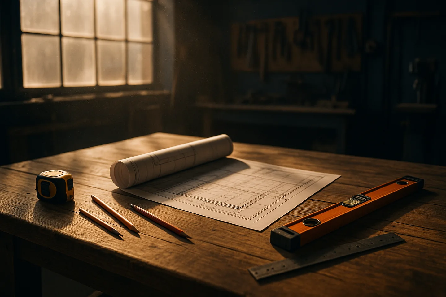 Warm workshop with morning light and professional tools