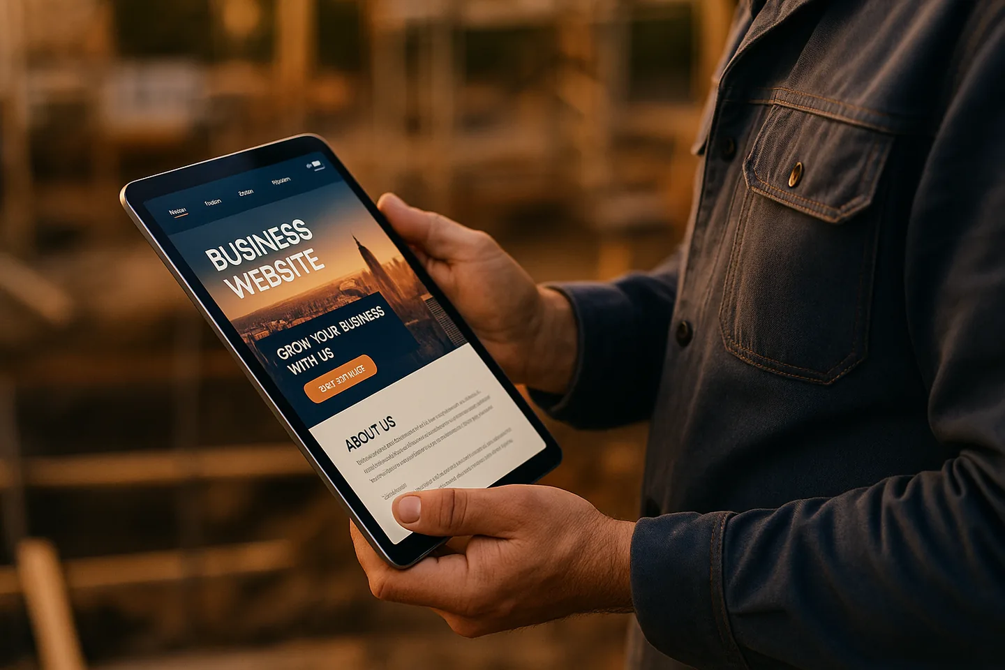 Tradesman using a tablet to read business tips