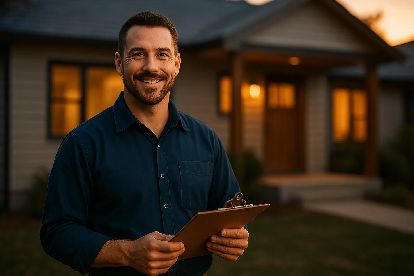 Professional tradesman in front of a modern home