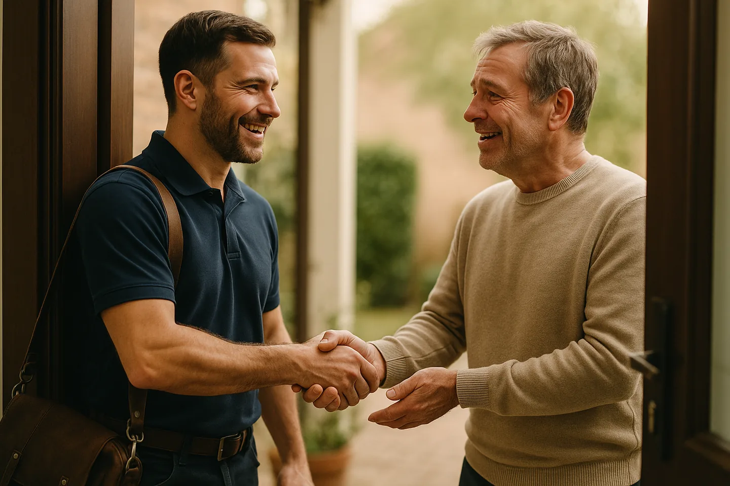 Tradesman and homeowner building trust with a handshake