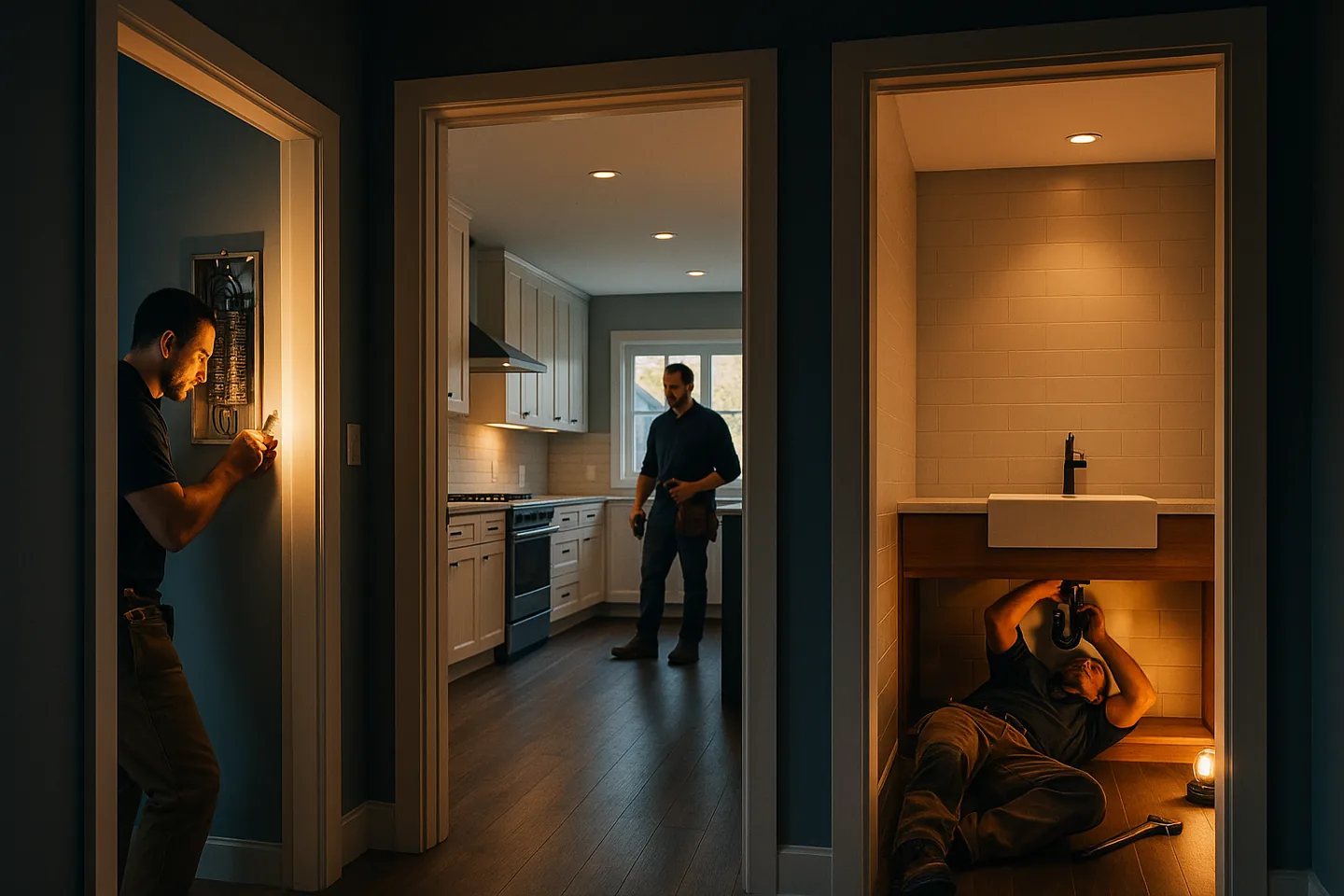 Multiple professional tradespeople working on home renovation